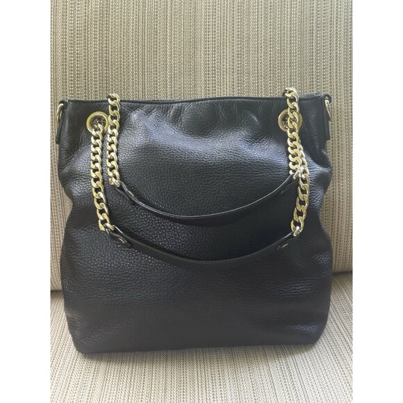 Michael Kors Black Pebbled Leather Gold Chain Shoulder Handbag Purse Satchel - Picture 1 of 13